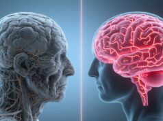 Mediterranean Diet Lowers Blood Pressure and Slows Brain Shrinkage Before and After Brain Comparison" - Split image showing a vibrant, healthy brain vs. aged brain
