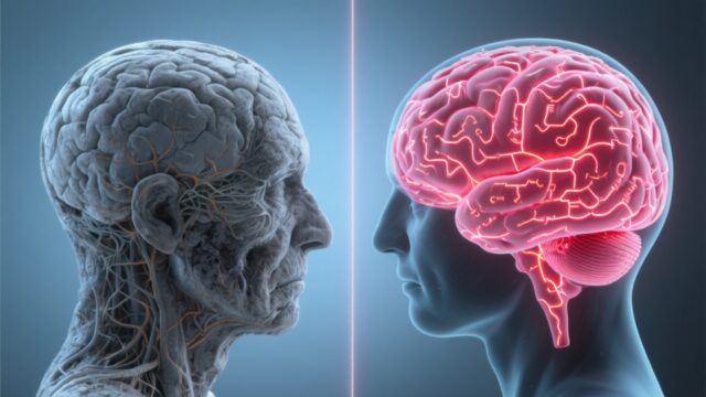 Before and After Brain Comparison" - Split image showing a vibrant, healthy brain vs. aged brain