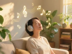 Music’s Power for Relaxation: The 2025 Sleep Revolution A serene, photorealistic image of a relaxed person (gender-neutral, 30s) sitting comfortably in a cozy living room, eyes closed, wearing headphones.