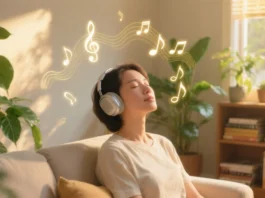 A serene, photorealistic image of a relaxed person (gender-neutral, 30s) sitting comfortably in a cozy living room, eyes closed, wearing headphones.