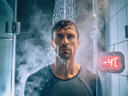 A professional athlete wearing compression gear stands in a modern minimalist bathroom, surrounded by steam clouds while taking an ice shower.