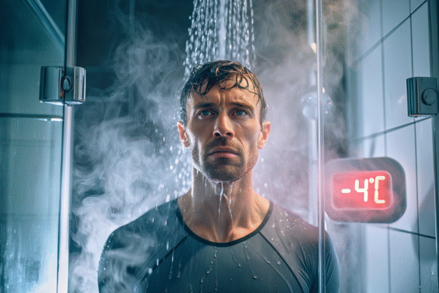 A professional athlete wearing compression gear stands in a modern minimalist bathroom, surrounded by steam clouds while taking an ice shower.